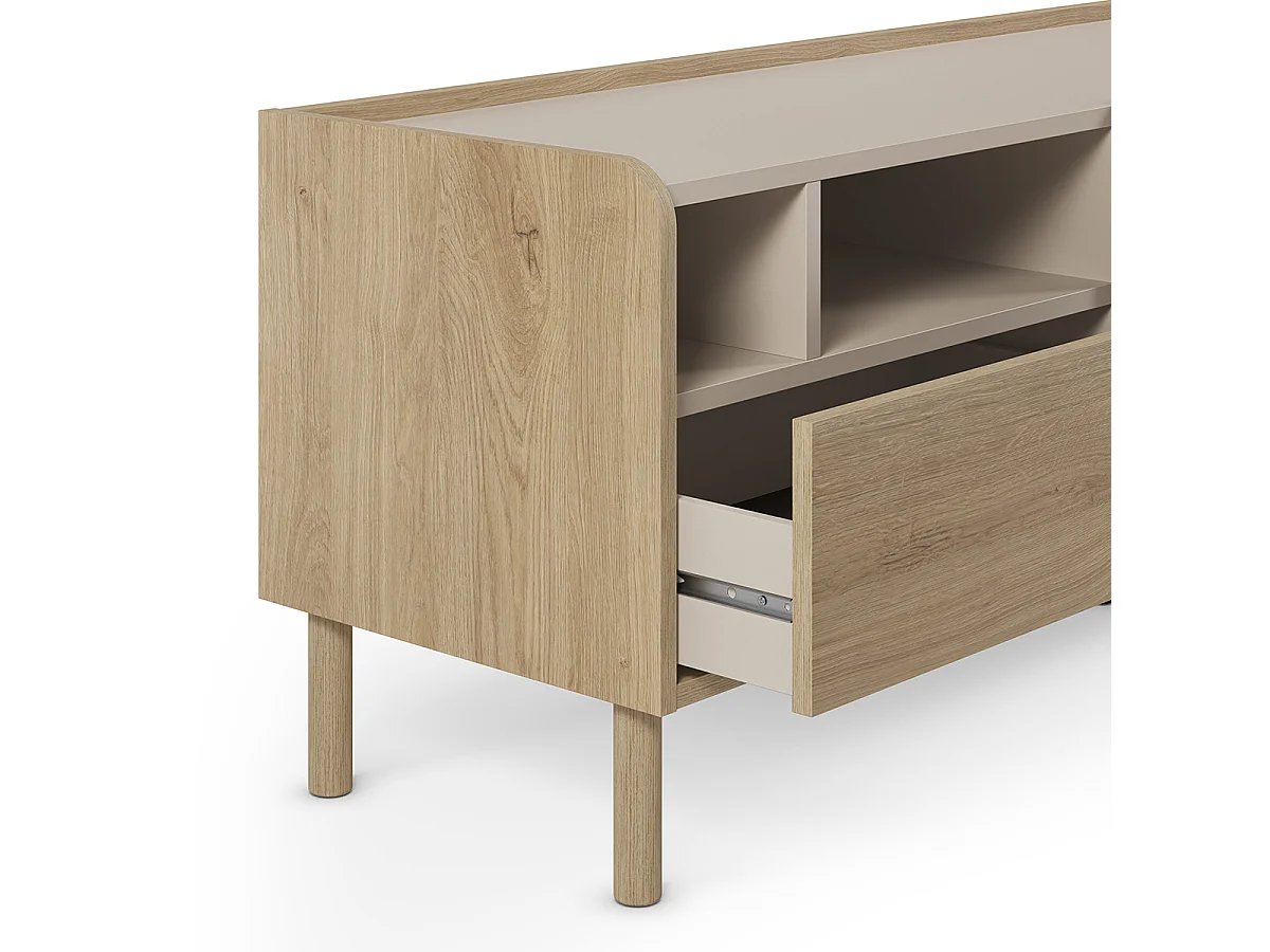 Meuble TV, meuble de salon avec 3 portes et 1 tiroir aspect bois coloris chêne - Longueur 180 x Profondeur 44 x Hauteur 55,50 cm