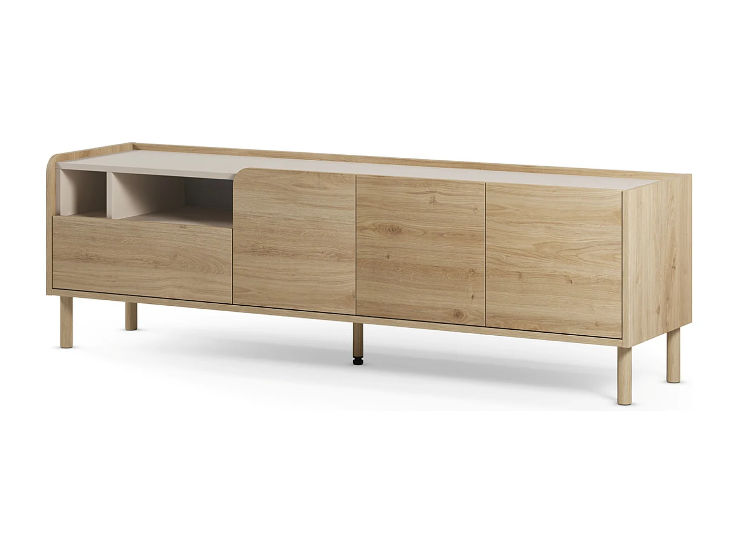 Meuble TV, meuble de salon avec 3 portes et 1 tiroir aspect bois coloris chêne - Longueur 180 x Profondeur 44 x Hauteur 55,50 cm