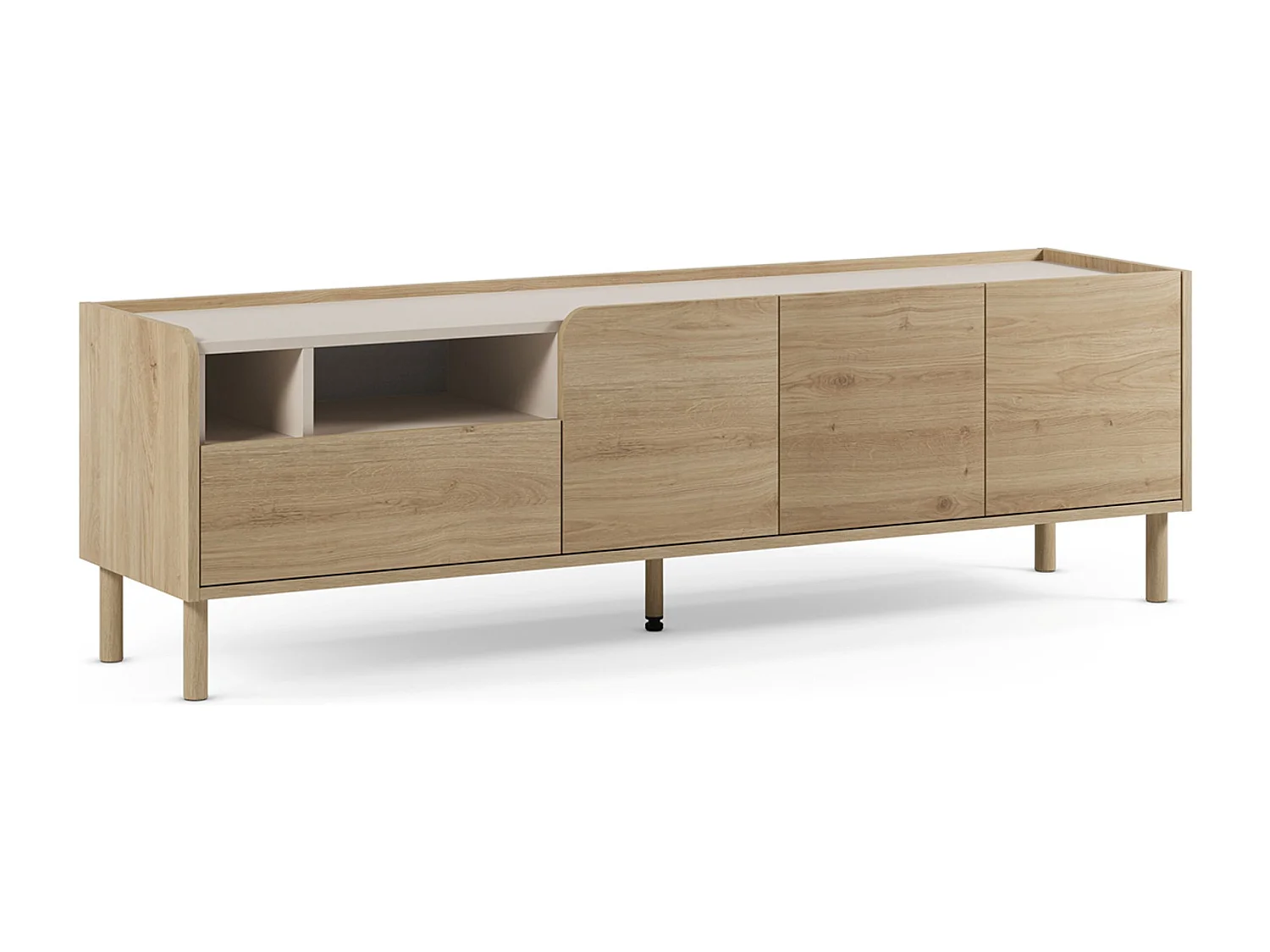 Meuble TV, meuble de salon avec 3 portes et 1 tiroir aspect bois coloris chêne - Longueur 180 x Profondeur 44 x Hauteur 55,50 cm