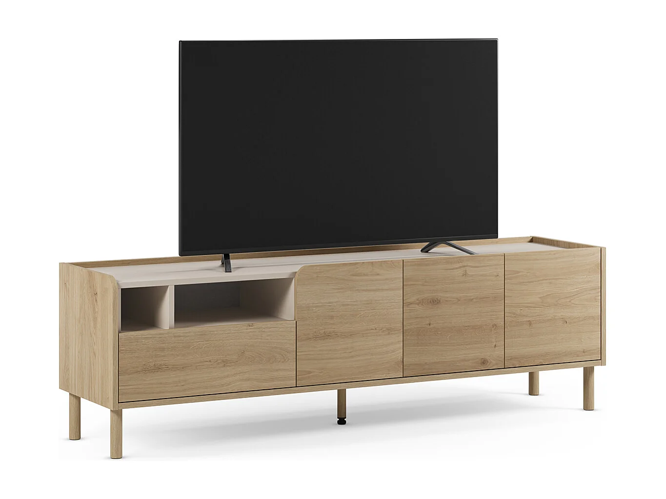 Meuble TV, meuble de salon avec 3 portes et 1 tiroir aspect bois coloris chêne - Longueur 180 x Profondeur 44 x Hauteur 55,50 cm