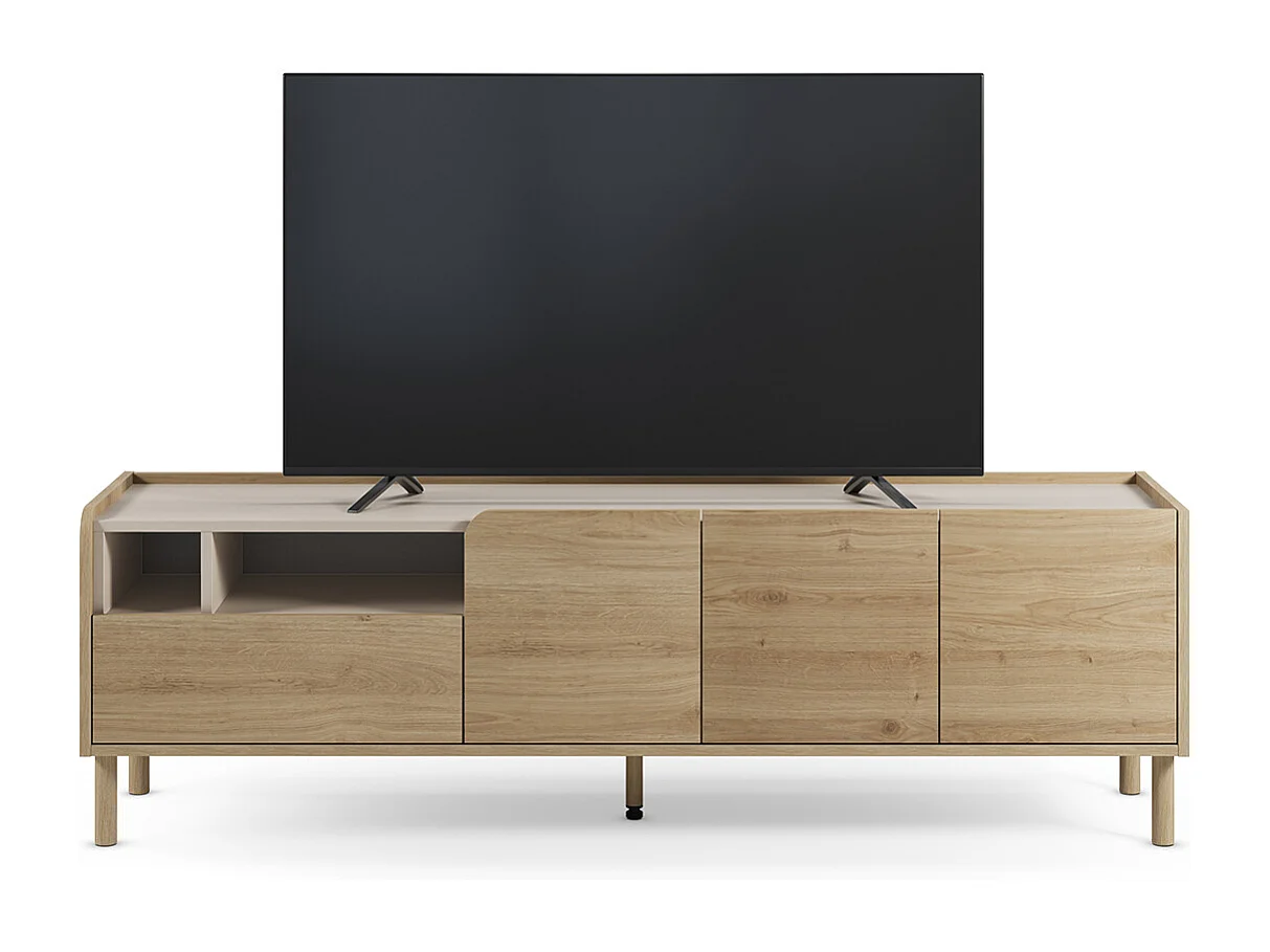 Meuble TV, meuble de salon avec 3 portes et 1 tiroir aspect bois coloris chêne - Longueur 180 x Profondeur 44 x Hauteur 55,50 cm