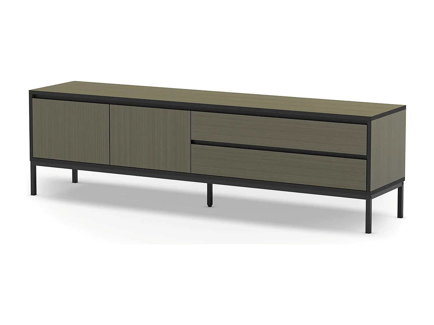 Meuble TV, Meuble de salon avec 2 portes et 2 tiroirs aspect bois coloris vert et pieds en métal noir - Longueur 180 x Profondeur 40 x Hauteur 55 cm