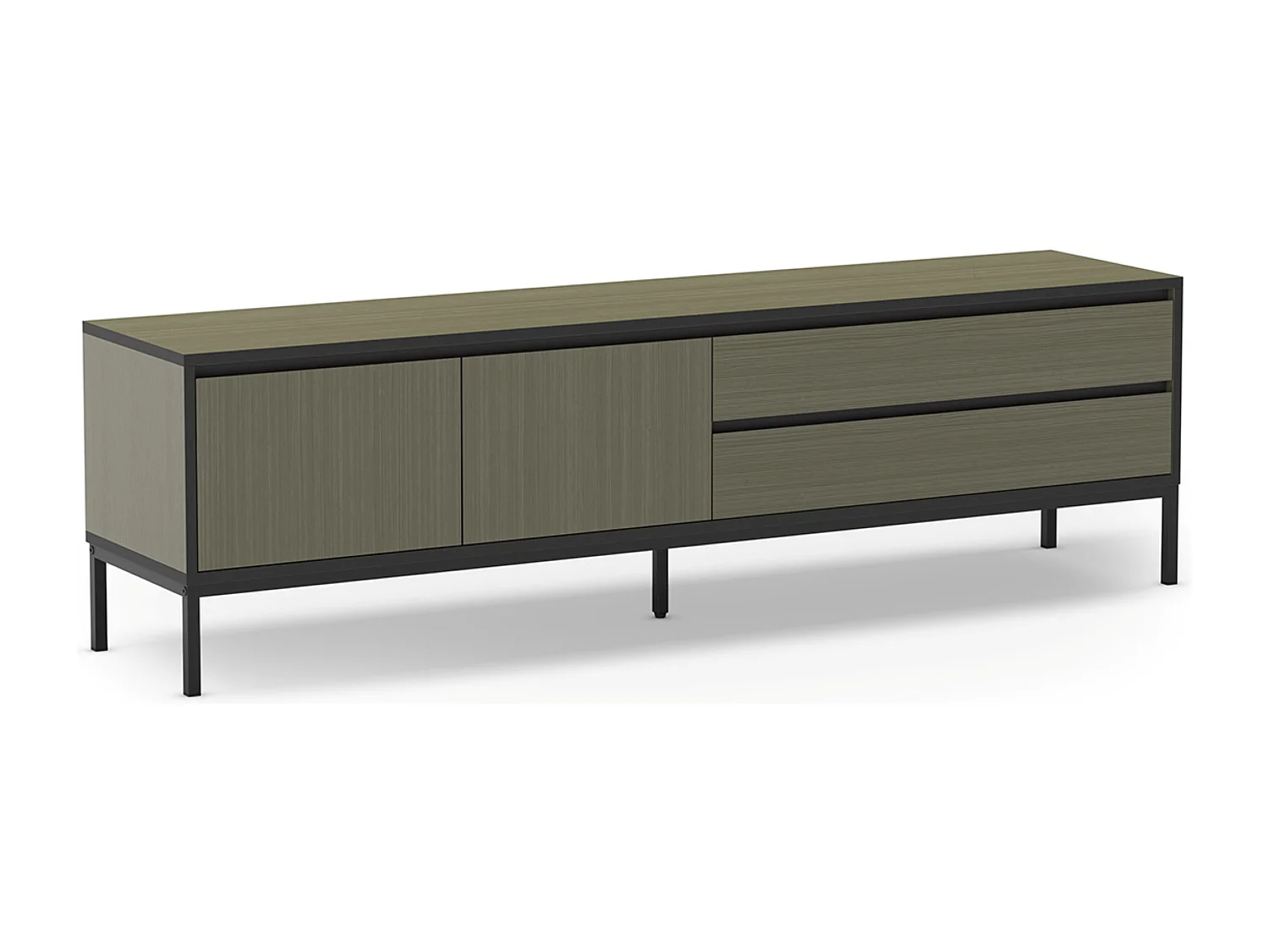 Meuble TV, Meuble de salon avec 2 portes et 2 tiroirs aspect bois coloris vert et pieds en métal noir - Longueur 180 x Profondeur 40 x Hauteur 55 cm