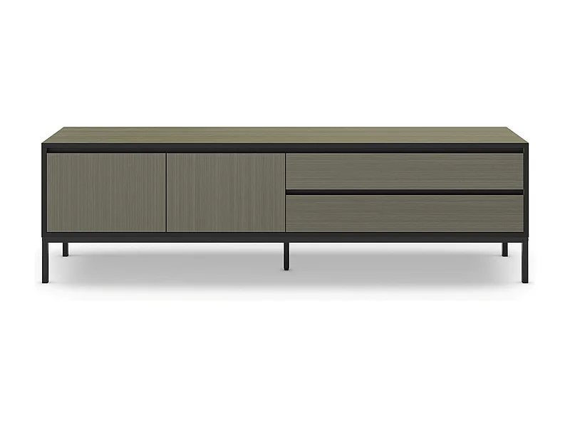 Meuble TV, Meuble de salon avec 2 portes et 2 tiroirs aspect bois coloris vert et pieds en métal noir - Longueur 180 x Profondeur 40 x Hauteur 55 cm