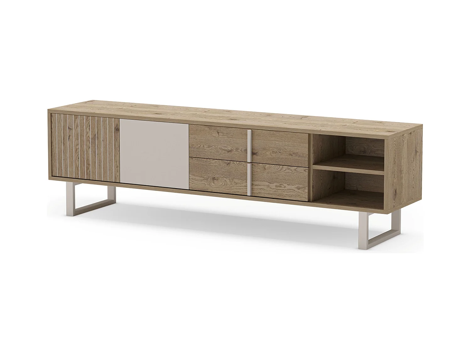 Meuble TV, Meuble de salon avec 2 portes et 2 tiroirs aspect bois coloris chêne et métal gris - Longueur 180 x Profondeur 40 x Hauteur 51,50 cm