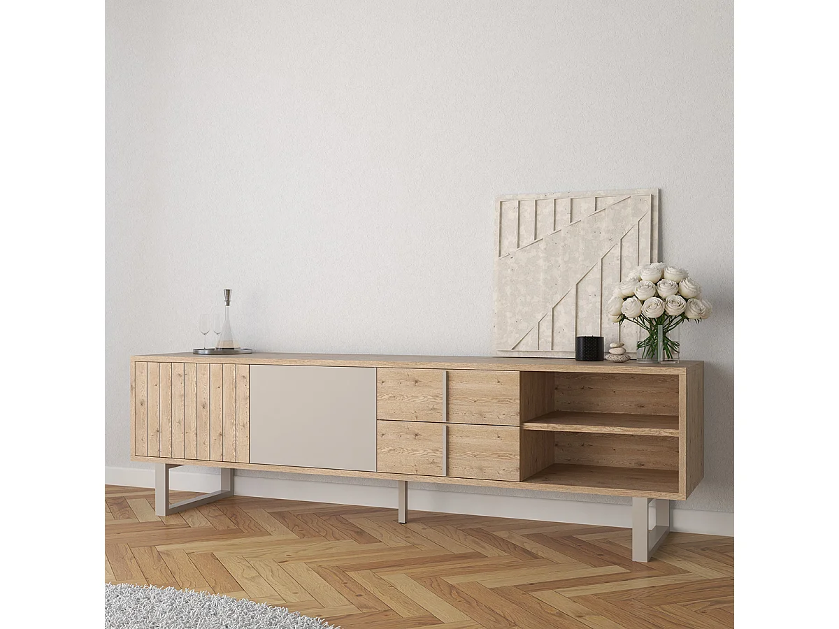 Meuble TV, Meuble de salon avec 2 portes et 2 tiroirs aspect bois coloris chêne et métal gris - Longueur 180 x Profondeur 40 x Hauteur 51,50 cm