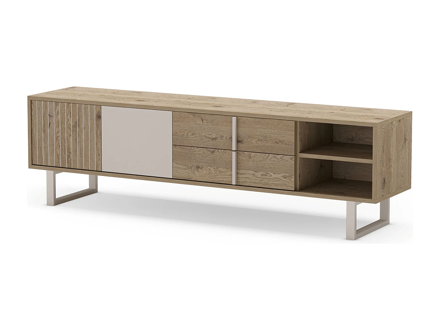 Meuble TV, Meuble de salon avec 2 portes et 2 tiroirs aspect bois coloris chêne et métal gris - Longueur 180 x Profondeur 40 x Hauteur 51,50 cm