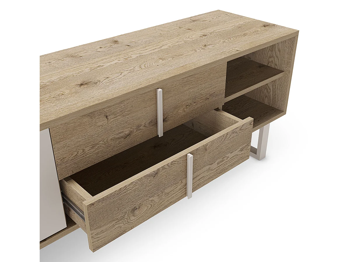 Meuble TV, Meuble de salon avec 2 portes et 2 tiroirs aspect bois coloris chêne et métal gris - Longueur 180 x Profondeur 40 x Hauteur 51,50 cm