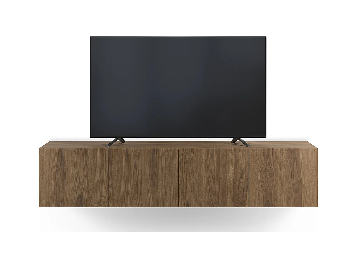 Meuble TV, Meuble de salon avec 4 portes aspect bois coloris chêne - Longueur 180 x Profondeur 35 x Hauteur 38 cm