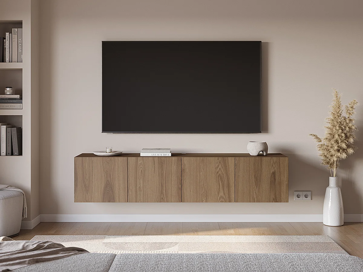 Meuble TV, Meuble de salon avec 4 portes aspect bois coloris chêne - Longueur 180 x Profondeur 35 x Hauteur 38 cm