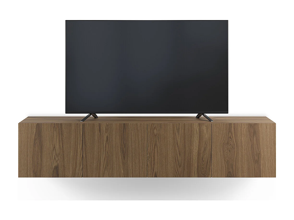 Meuble TV, Meuble de salon avec 4 portes aspect bois coloris chêne - Longueur 180 x Profondeur 35 x Hauteur 38 cm