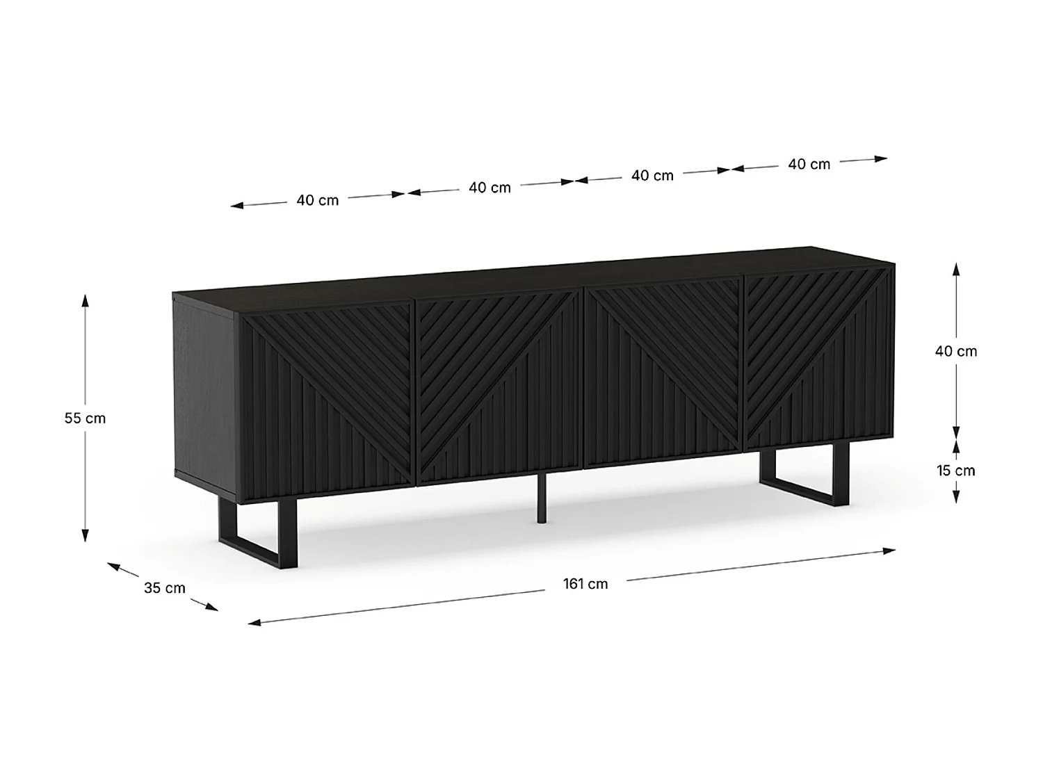 Meuble TV, Meuble de salon aspect bois coloris noir, pieds en métal noir - Longueur 161,20 x Profondeur 35 x Hauteur 55 cm
