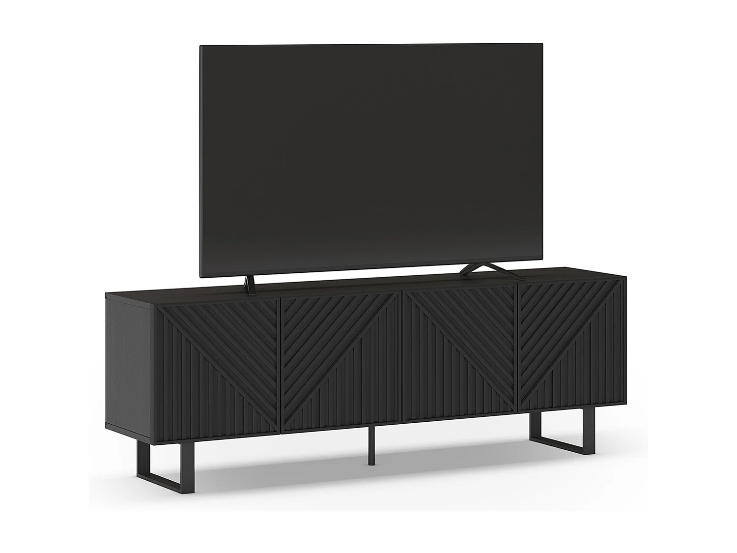 Meuble TV, Meuble de salon aspect bois coloris noir, pieds en métal noir - Longueur 161,20 x Profondeur 35 x Hauteur 55 cm