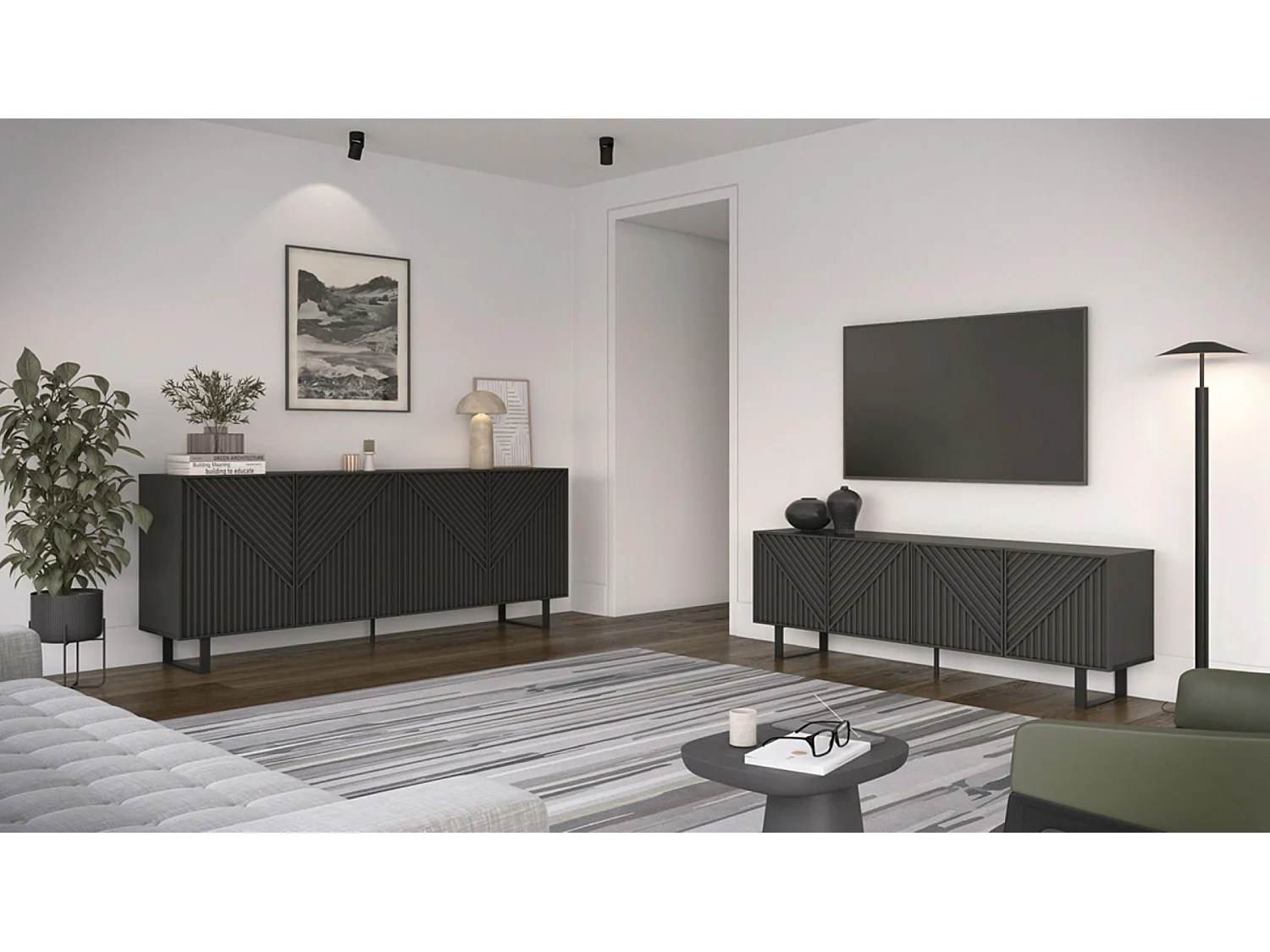 Meuble TV, Meuble de salon aspect bois coloris noir, pieds en métal noir - Longueur 161,20 x Profondeur 35 x Hauteur 55 cm