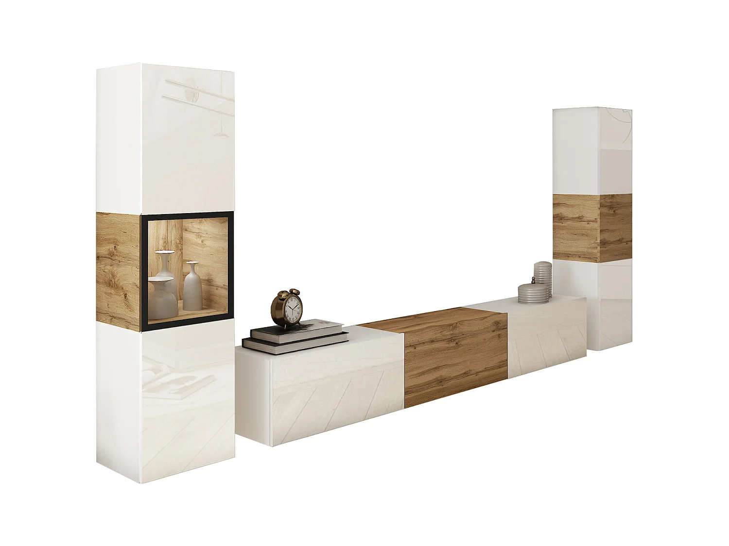 Mur TV moderne ensemble suspendu et posé avec meuble TV 180 cm vitrine et colonne, caisson chêne wotan façades blanc brillant
