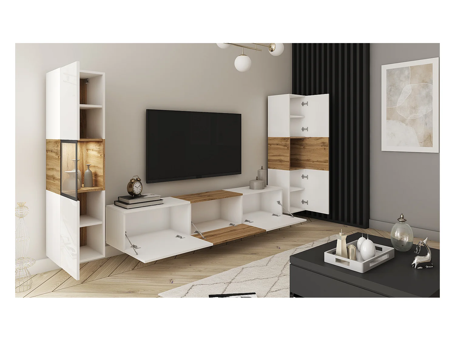 Mur TV moderne ensemble suspendu et posé avec meuble TV 180 cm vitrine et colonne, caisson chêne wotan façades blanc brillant