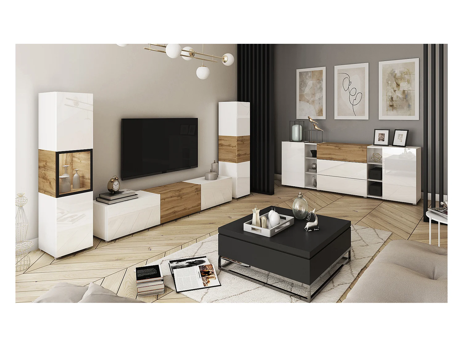 Mur TV moderne ensemble suspendu et posé avec meuble TV 180 cm vitrine et colonne, caisson chêne wotan façades blanc brillant