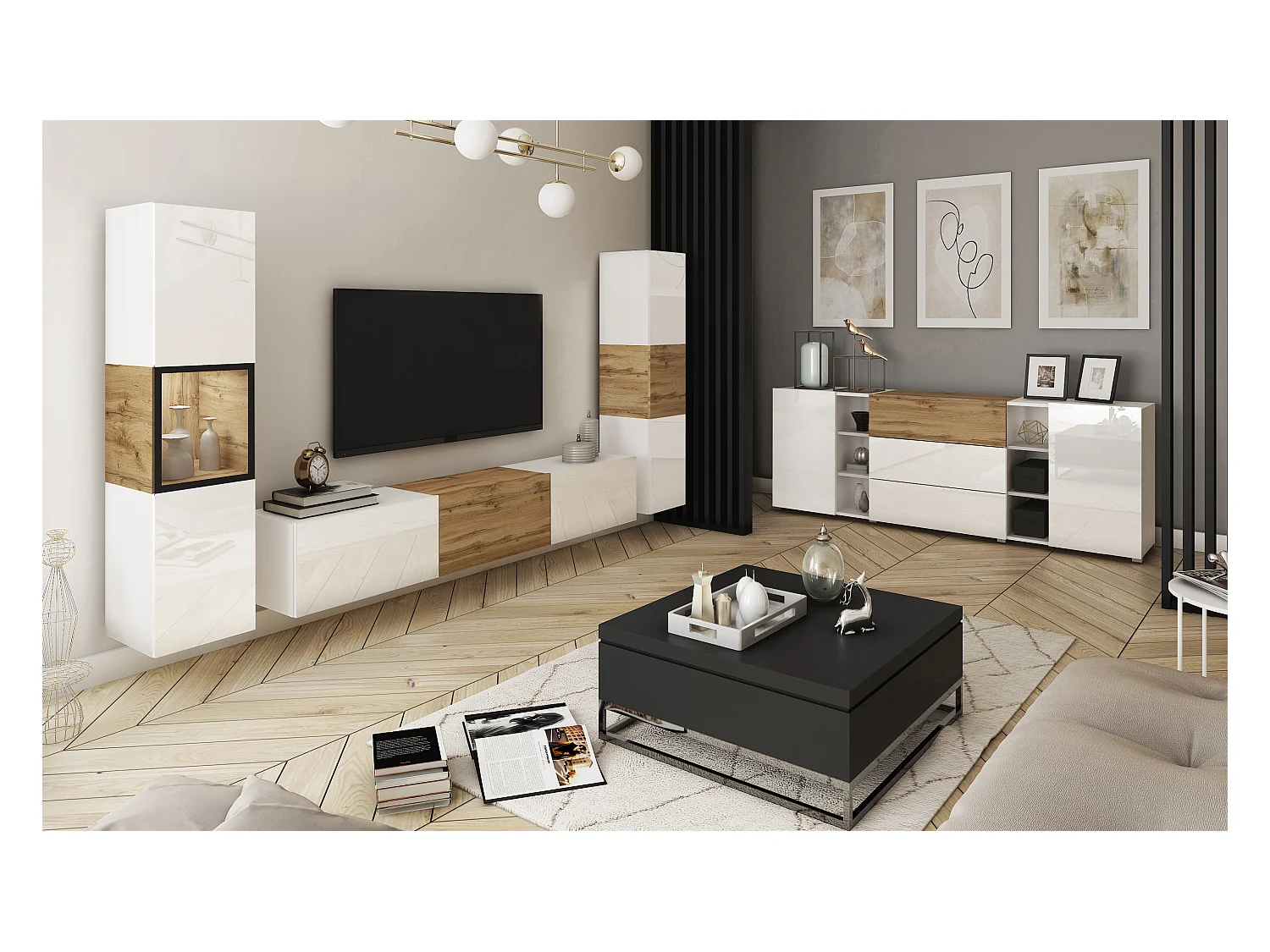 Mur TV moderne ensemble suspendu et posé avec meuble TV 180 cm vitrine et colonne, caisson chêne wotan façades blanc brillant