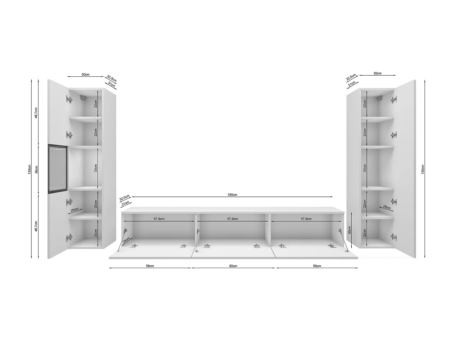 Mur TV moderne ensemble suspendu et posé avec meuble TV 180 cm vitrine et colonne, caisson chêne wotan façades blanc brillant
