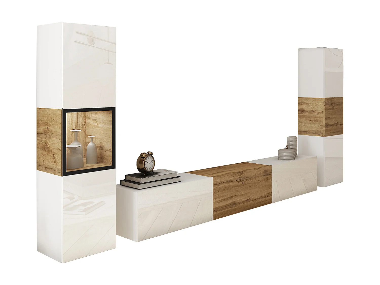 Mur TV moderne ensemble suspendu et posé avec meuble TV 180 cm vitrine et colonne, caisson chêne wotan façades blanc brillant