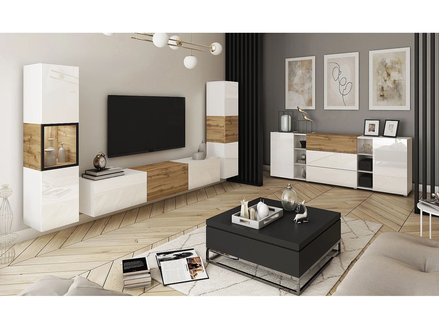 Mur TV moderne ensemble suspendu et posé avec meuble TV 180 cm vitrine et colonne, caisson chêne wotan façades blanc brillant