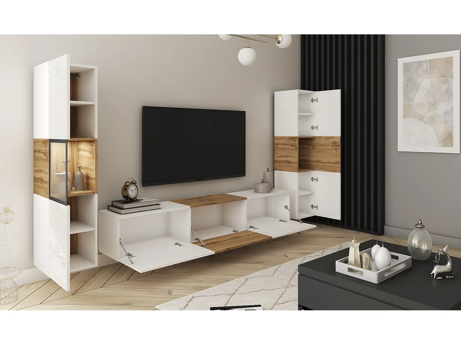 Mur TV moderne ensemble suspendu et posé avec meuble TV 180 cm vitrine et colonne, caisson chêne wotan façades blanc brillant