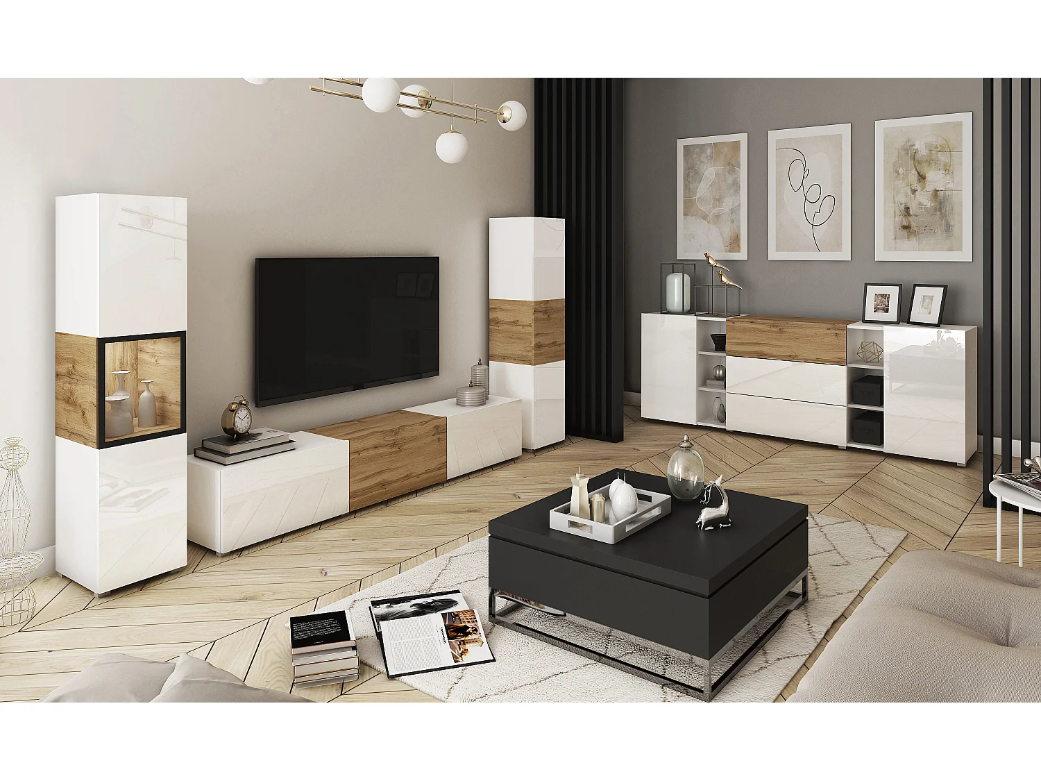 Mur TV moderne ensemble suspendu et posé avec meuble TV 180 cm vitrine et colonne, caisson chêne wotan façades blanc brillant
