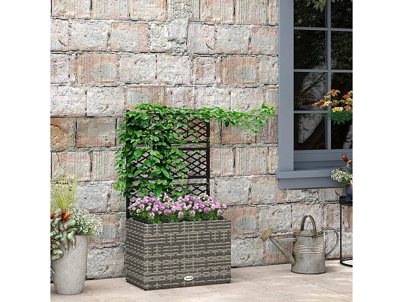 Fioriera con grigliato per rampicanti e 2 vasi in rattan pe grigio