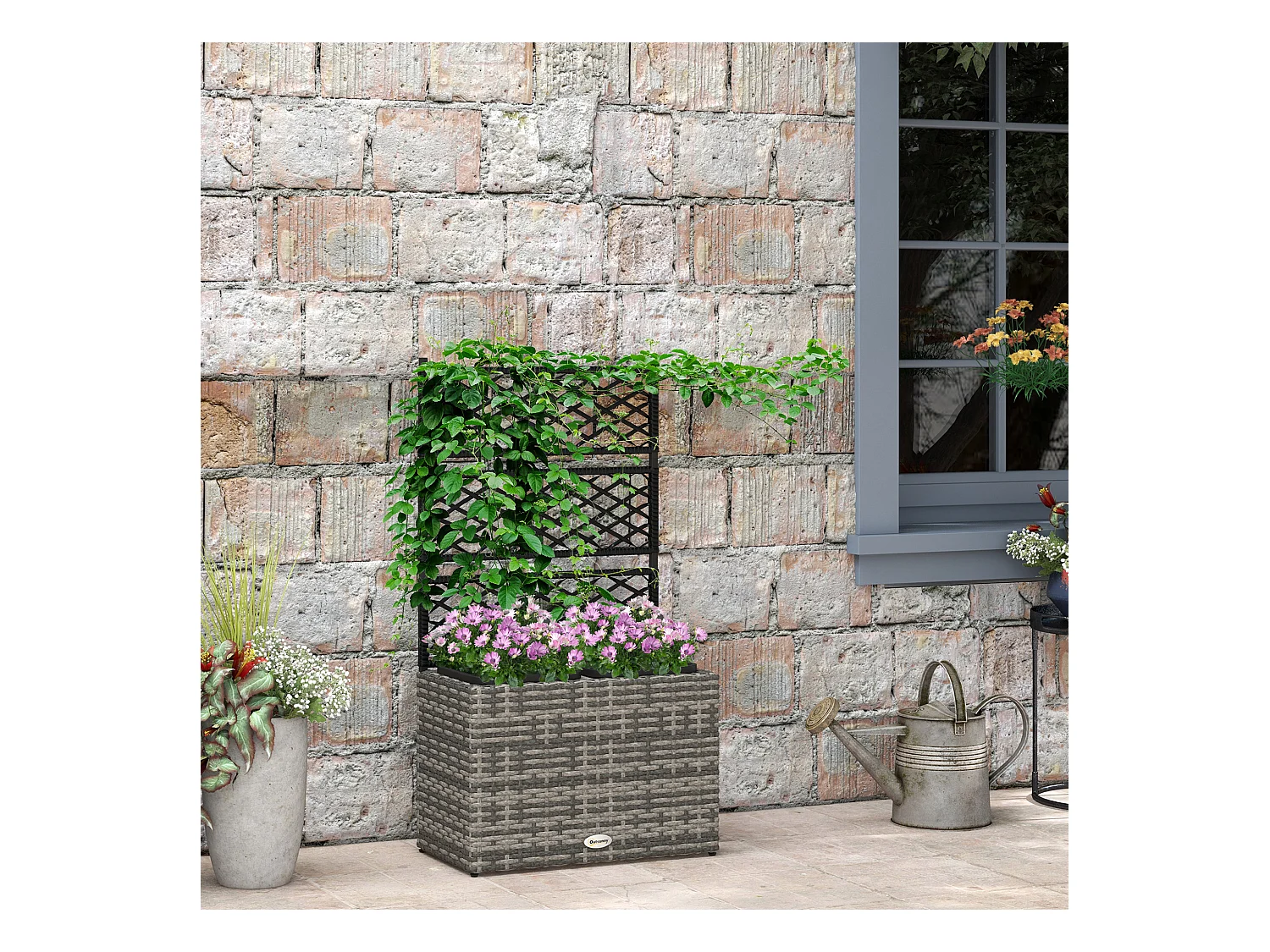 Fioriera con grigliato per rampicanti e 2 vasi in rattan pe grigio