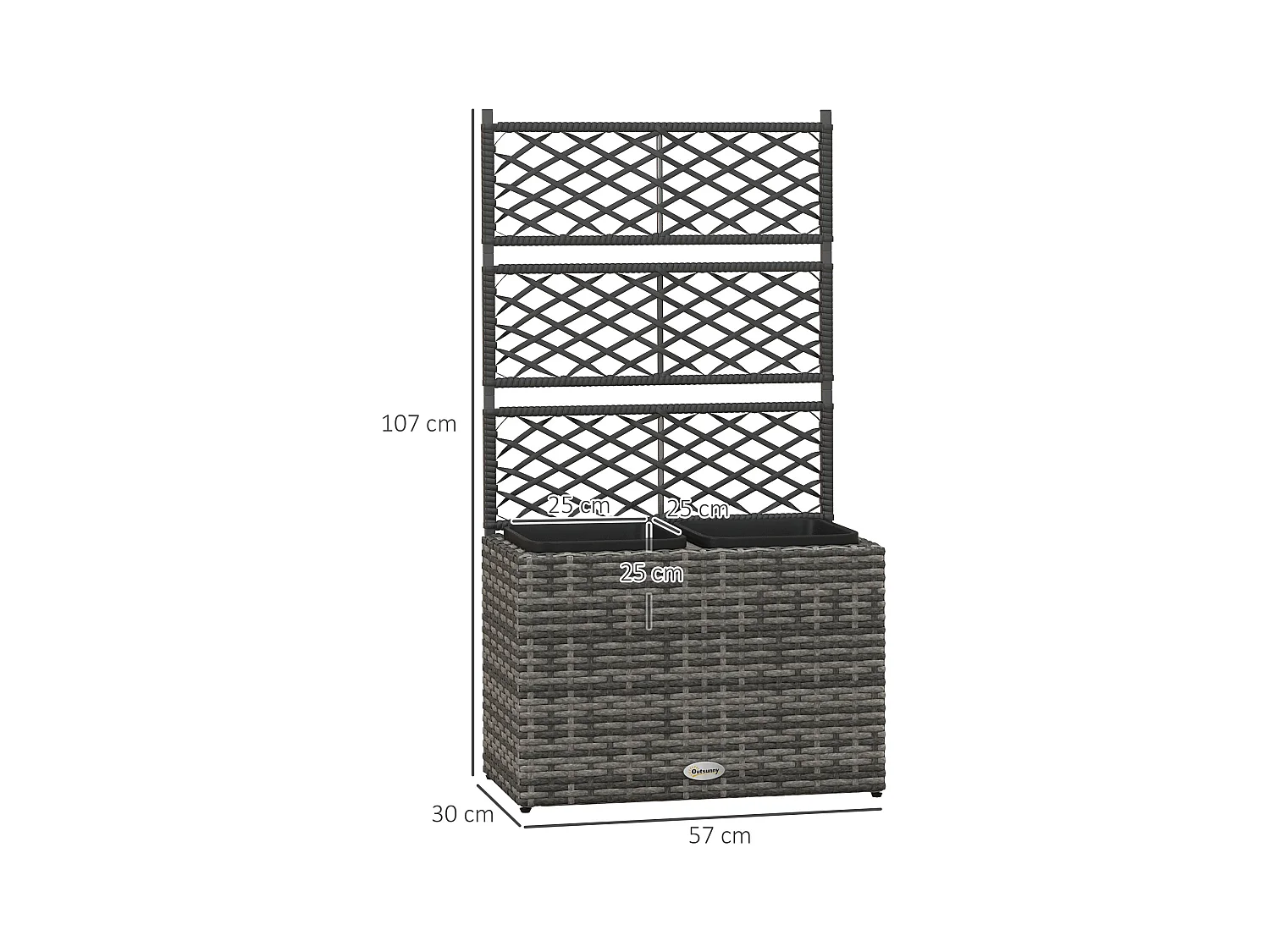 Fioriera con grigliato per rampicanti e 2 vasi in rattan pe grigio