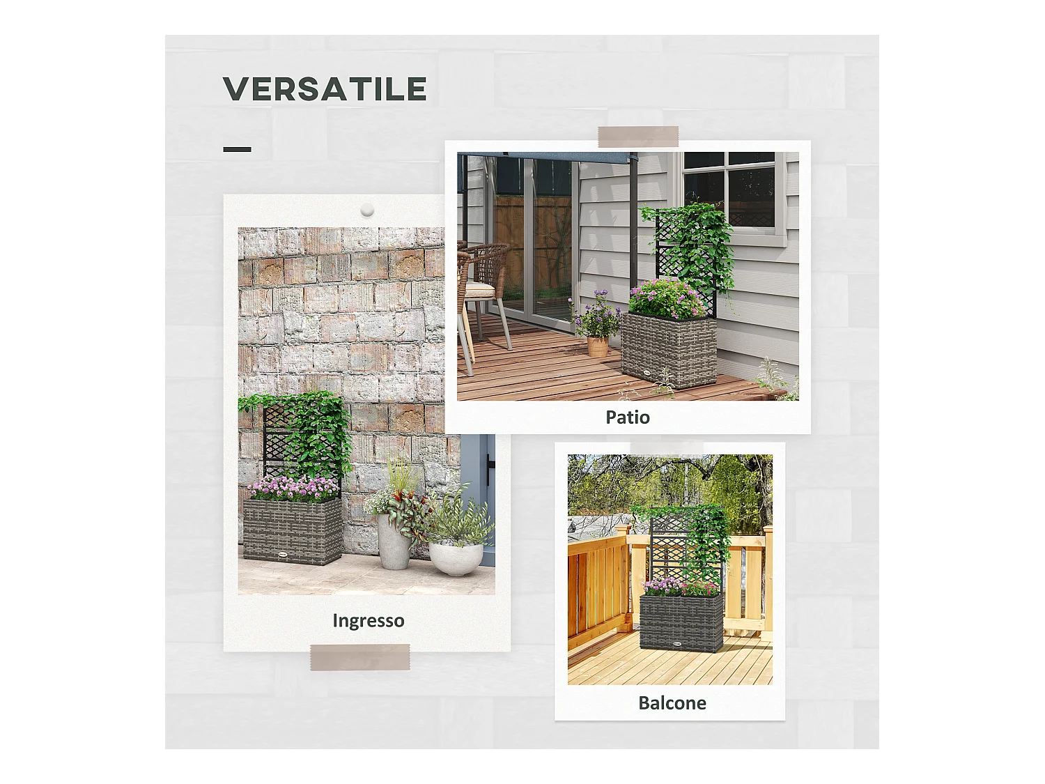 Fioriera con grigliato per rampicanti e 2 vasi in rattan pe grigio