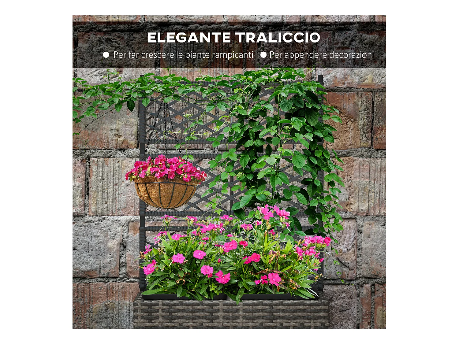 Fioriera con grigliato per rampicanti e 2 vasi in rattan pe grigio