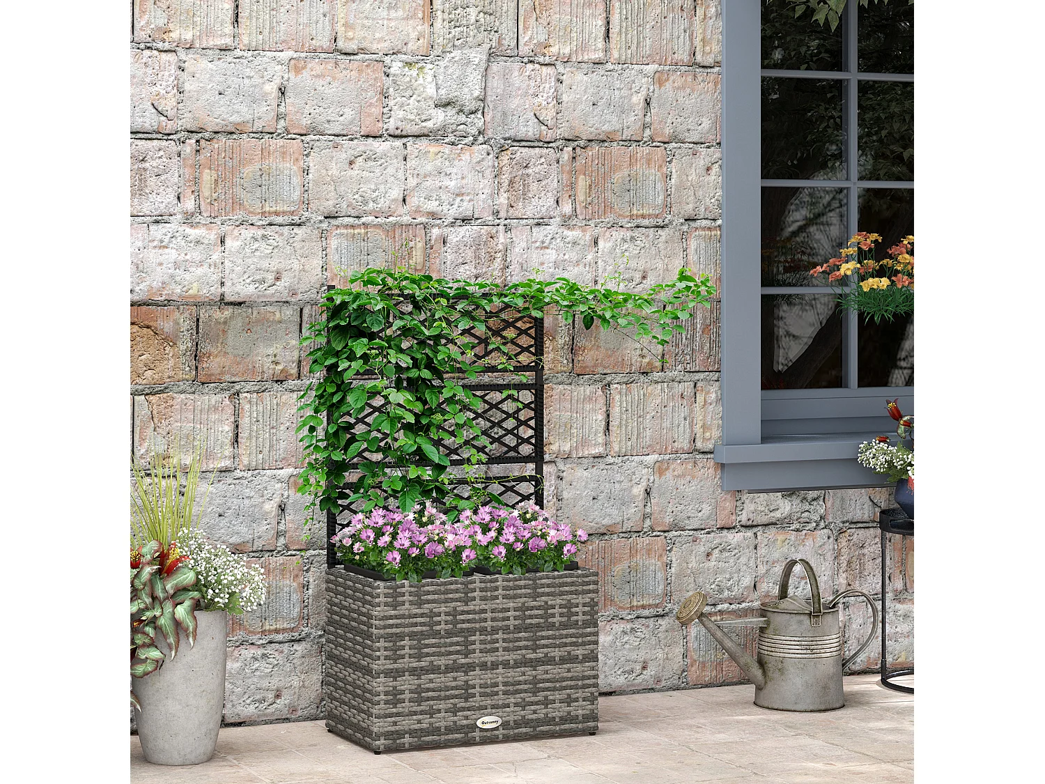 Fioriera con grigliato per rampicanti e 2 vasi in rattan pe grigio