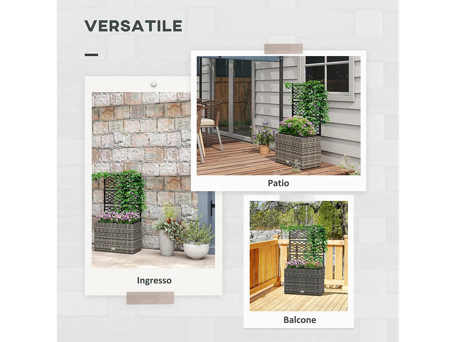 Fioriera con grigliato per rampicanti e 2 vasi in rattan pe grigio