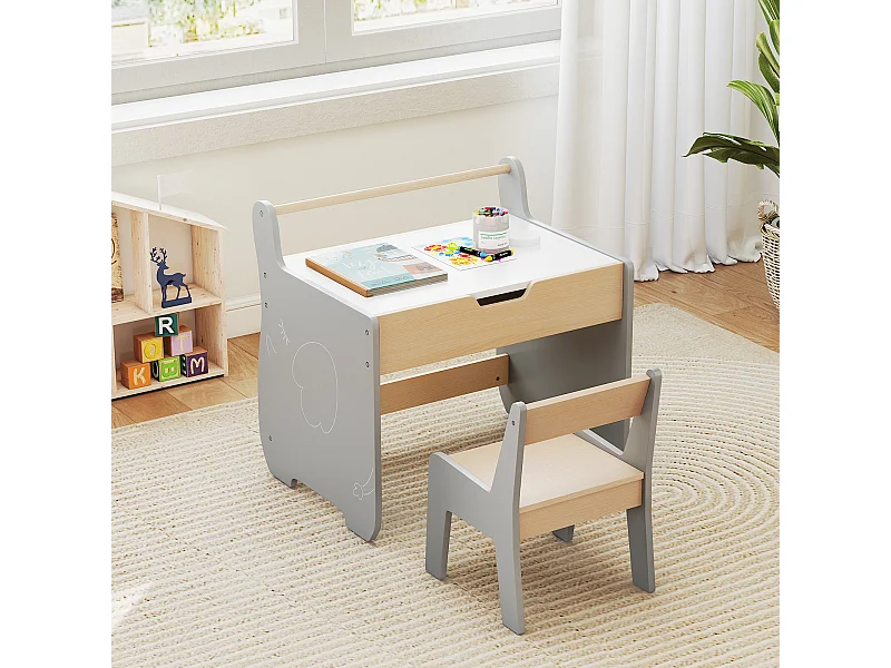 Gruppo di seduta per bambini in legno 3 in 1 con piano d'appoggio reversibile e rimovibile Tavolo per bambini con sedia Grigio
