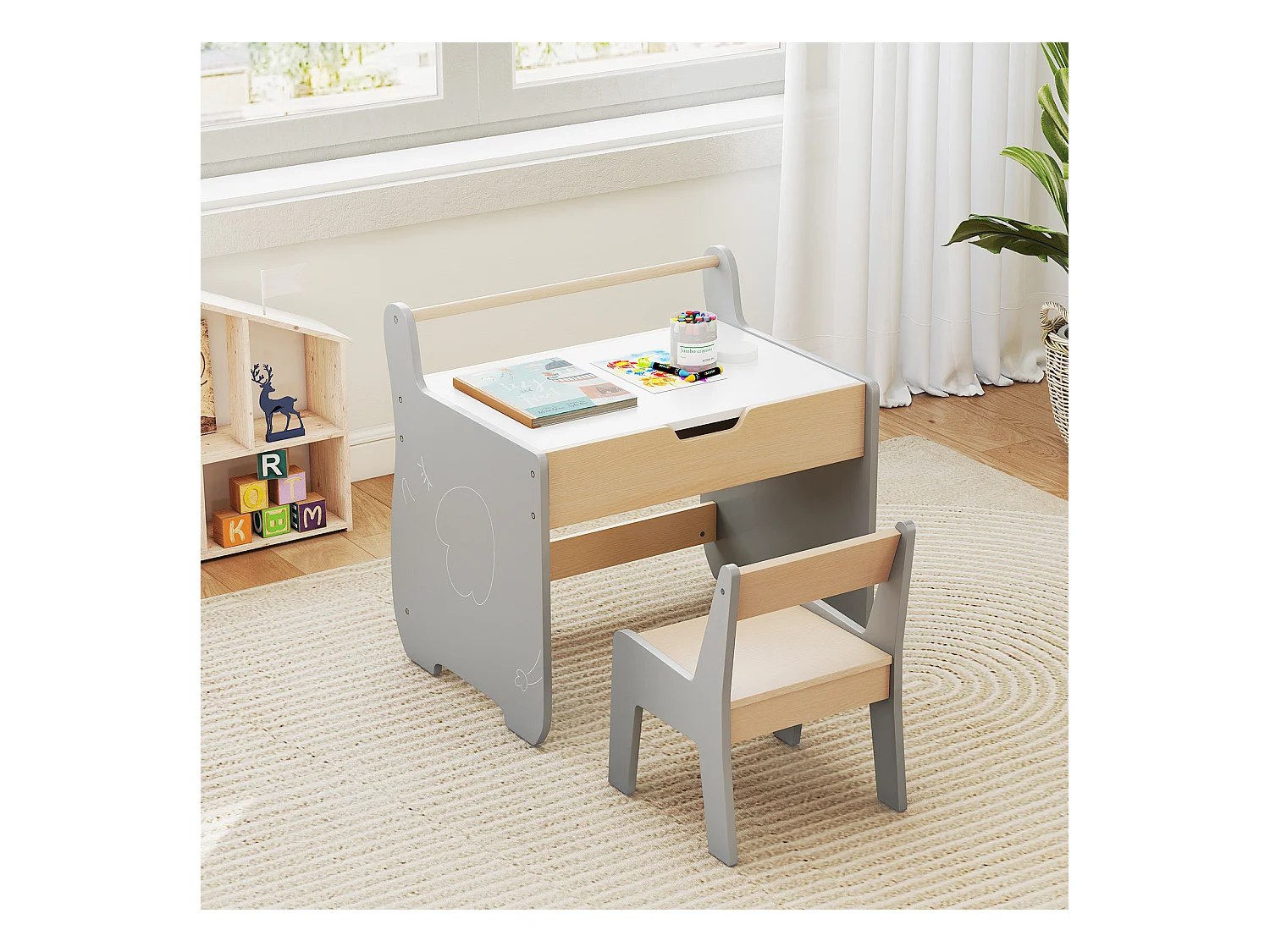 Table et Chaise pour Enfants Bureau d'Activités en Bois pour Tout-petits Plateau Amovible 2 en 1 Rangement Porte-rouleau de Papier Gris