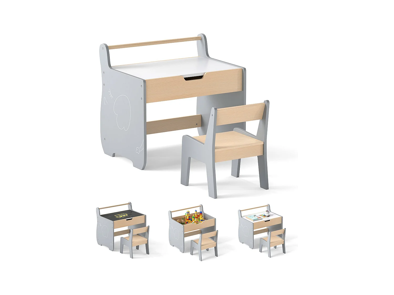 Table et Chaise pour Enfants Bureau d'Activités en Bois pour Tout-petits Plateau Amovible 2 en 1 Rangement Porte-rouleau de Papier Gris