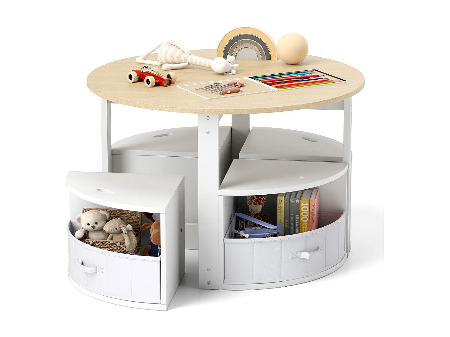 Ensemble Table et Chaises pour Enfants Table Gigogne Ronde avec 4 Tabourets 4 Tiroirs en Tissu Naturel et Blanc