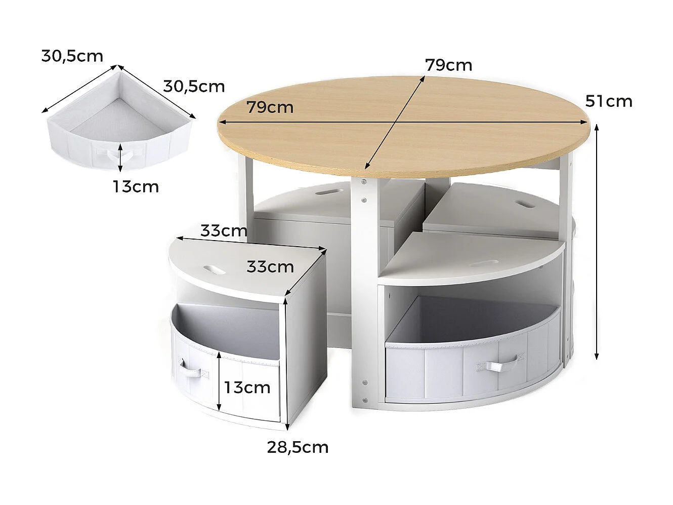 Ensemble Table et Chaises pour Enfants Table Gigogne Ronde avec 4 Tabourets 4 Tiroirs en Tissu Naturel et Blanc