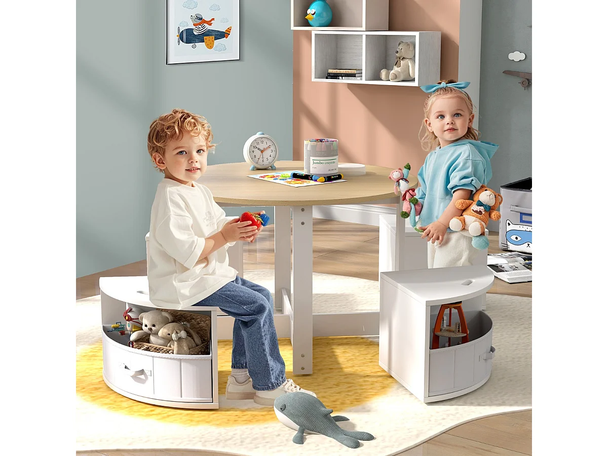 Ensemble Table et Chaises pour Enfants Table Gigogne Ronde avec 4 Tabourets 4 Tiroirs en Tissu Naturel et Blanc