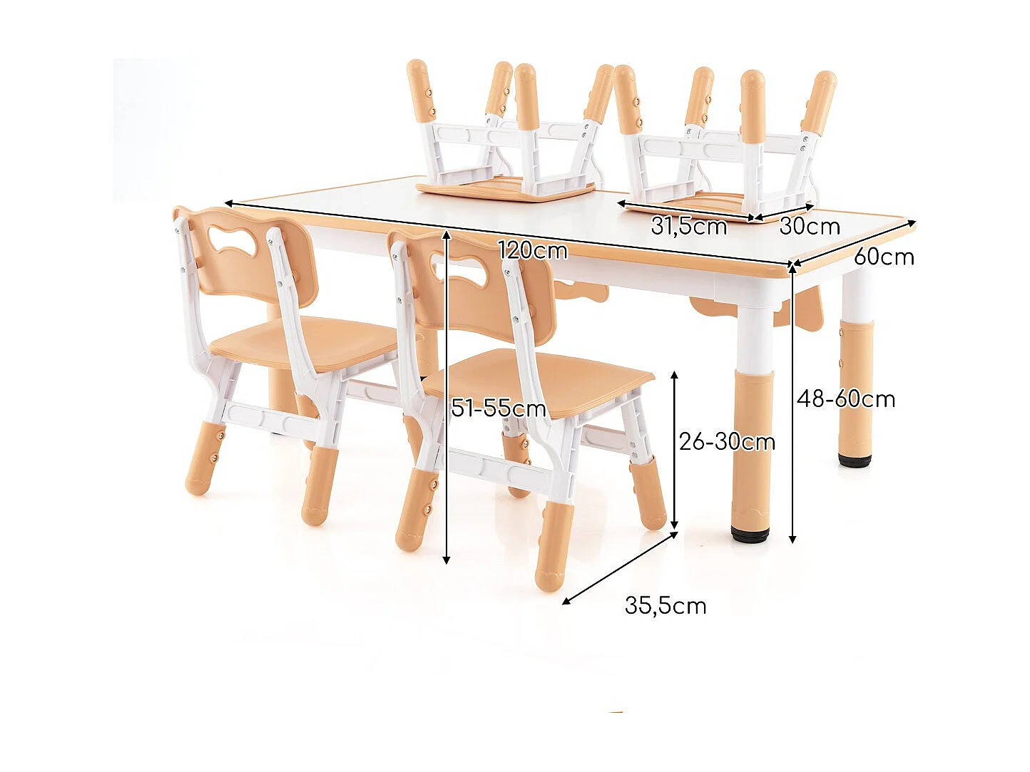 Kindertisch mit 4 Stühlen Set mit Graffiti-Tischplatte Höhenverstellbare Kindersitzgruppe Natur
