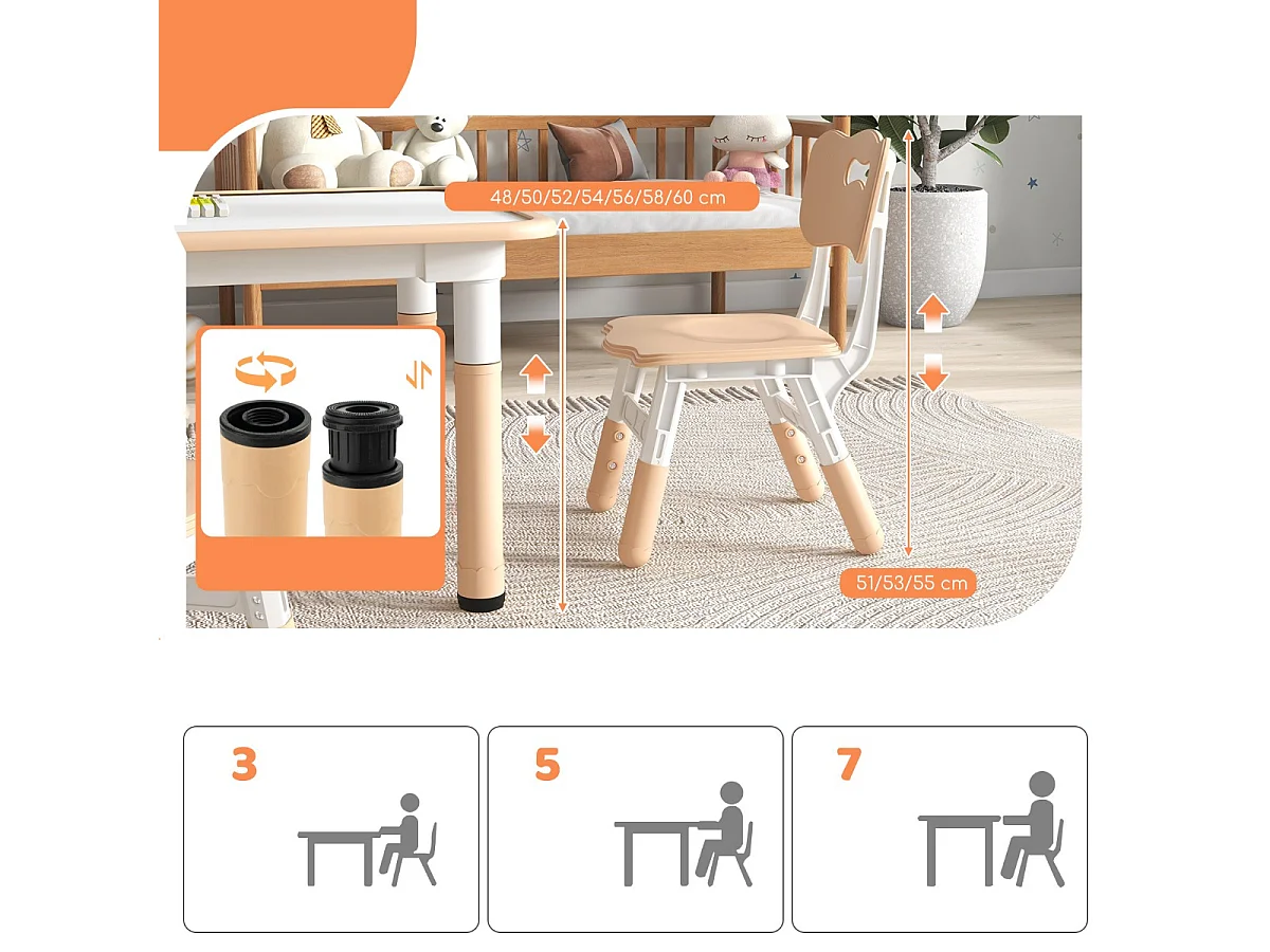 Kindertisch mit 4 Stühlen Set mit Graffiti-Tischplatte Höhenverstellbare Kindersitzgruppe Natur