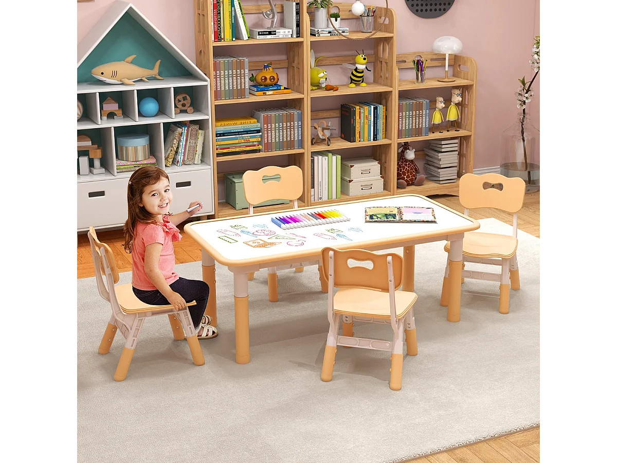 Kindertisch mit 4 Stühlen Set mit Graffiti-Tischplatte Höhenverstellbare Kindersitzgruppe Natur