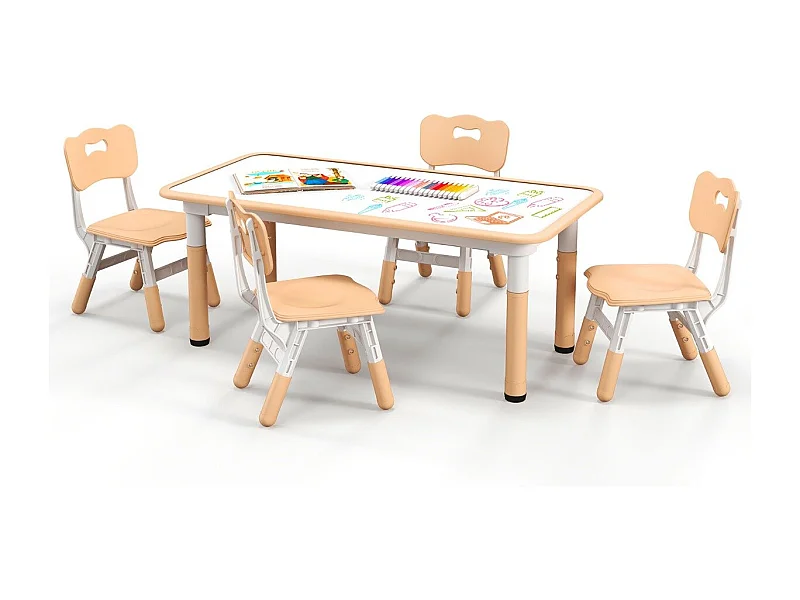 Set tavolo per bambini e 4 sedie multiattività, Scrivania regolabile in altezza con piano graffiti Naturale