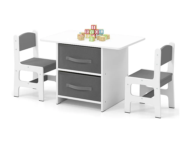 Set di tavolo e 2 sedie bambini, Set di scrivania da 3 pezzi con ceste portaoggetti rimovibili per stanza giochi grigio