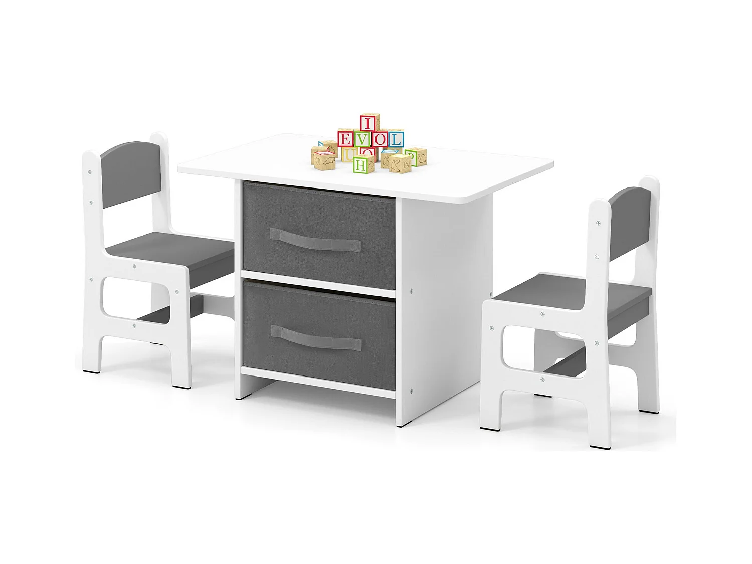 Set di tavolo e 2 sedie bambini, Set di scrivania da 3 pezzi con ceste portaoggetti rimovibili per stanza giochi grigio