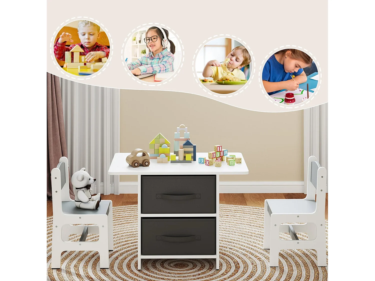 Set di tavolo e 2 sedie bambini, Set di scrivania da 3 pezzi con ceste portaoggetti rimovibili per stanza giochi grigio