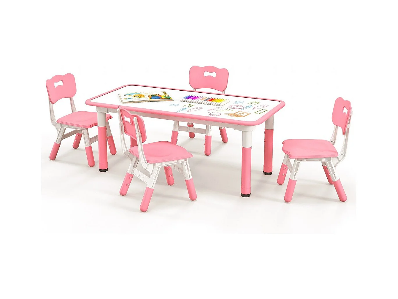 Kindertisch mit 4 Stühlen Set mit Graffiti-Tischplatte Höhenverstellbare Kindersitzgruppe Rosa