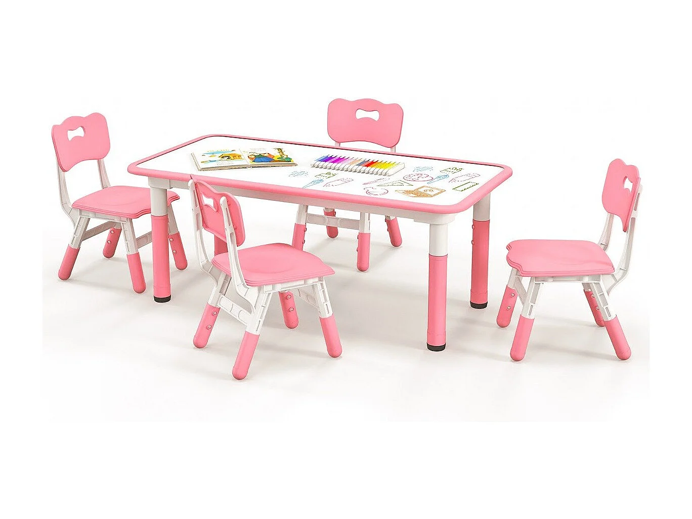 Set tavolo per bambini e 4 sedie multiattività, Scrivania regolabile in altezza con piano graffiti Rosa