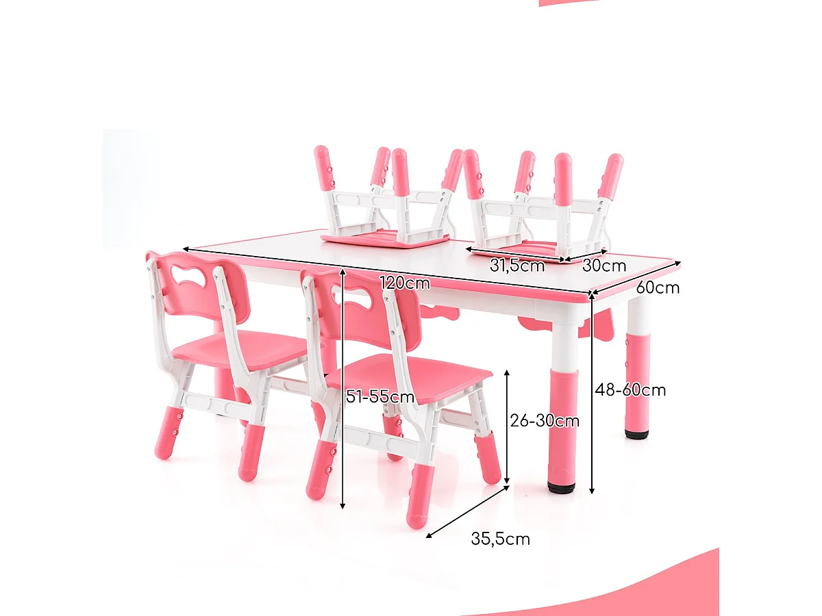Set tavolo per bambini e 4 sedie multiattività, Scrivania regolabile in altezza con piano graffiti Rosa